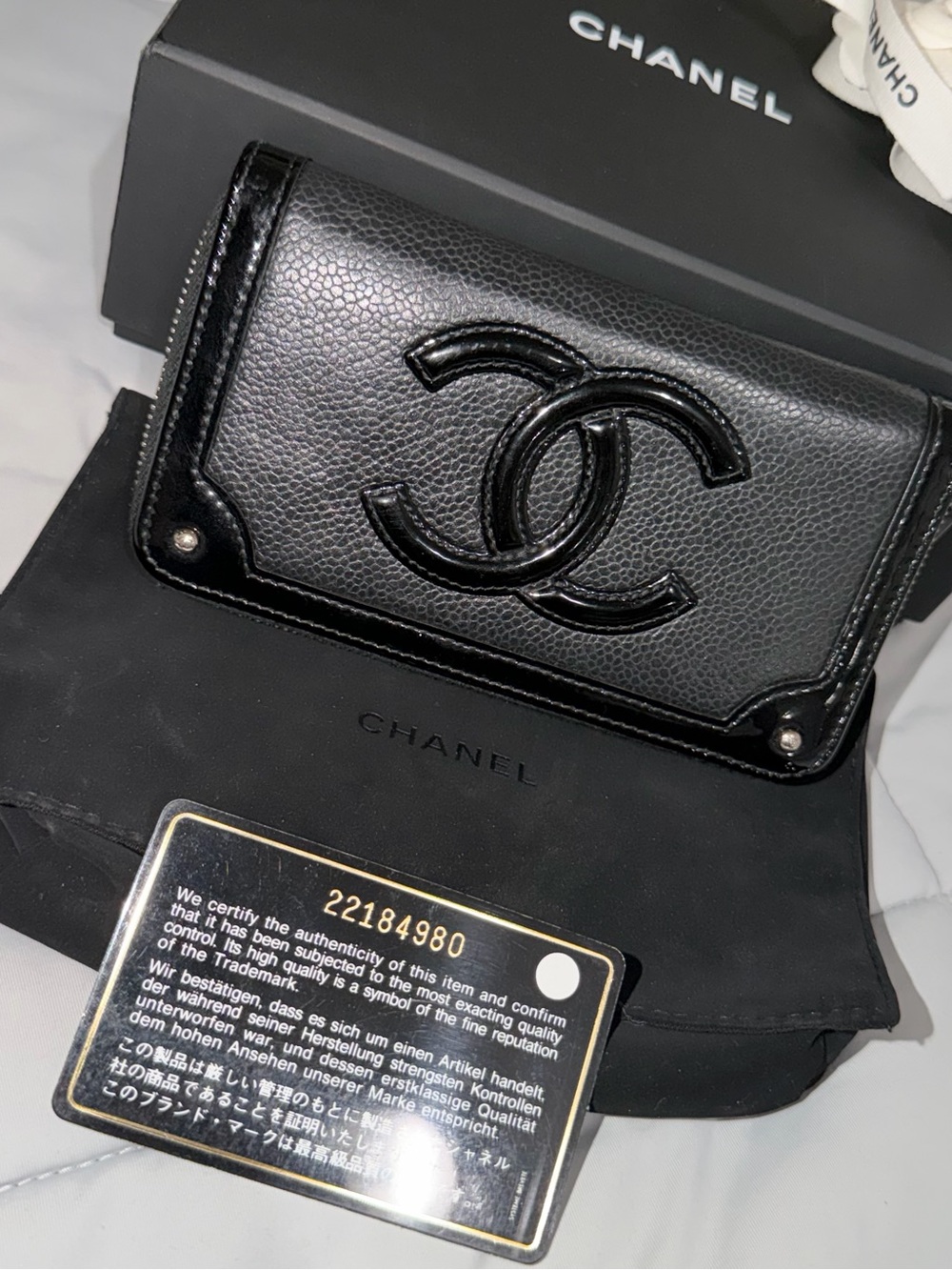 CHANEL Black Caviar Leather Wallet with Patent Trim